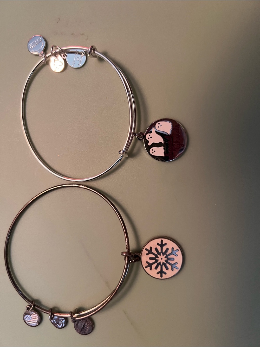 Alex and Ani Silver Tone Holiday Charm Bangle Bracelets - Snowflake & Ghosts
